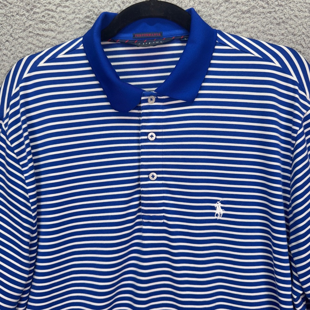 VTG Polo Golf Shirt Mens L Blue Striped Pima Cotton Ralph Lauren Performance 90s